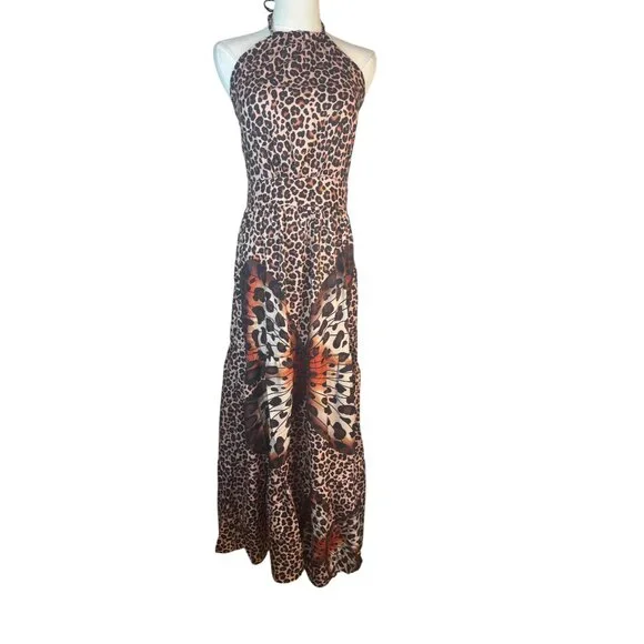 2/$50 NEW Leopard L Print Halter Boho Maxi Dress Butterfly Design Sleeveless - Picture 3 of 16